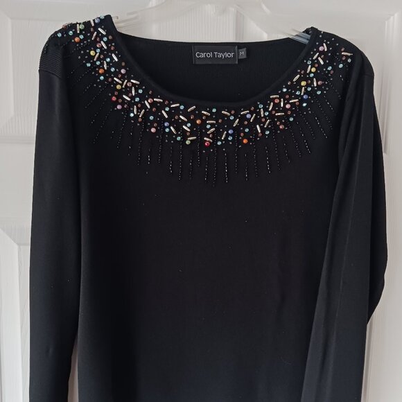 Carol Taylor Womens Long Sleeve Sweater Black Size Medium Beaded Festive Elegant - Picture 1 of 7